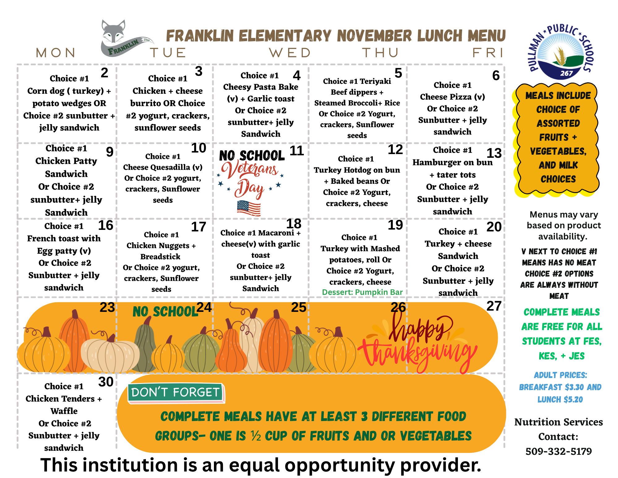  Franklin Elementary November Lunch Menu shows meal options organized by day of the week in a calendar format.